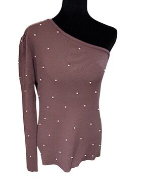 BiBi One-Shoulder Plus XL Brown Pearl-Embellished Women's Sweater-NWOT